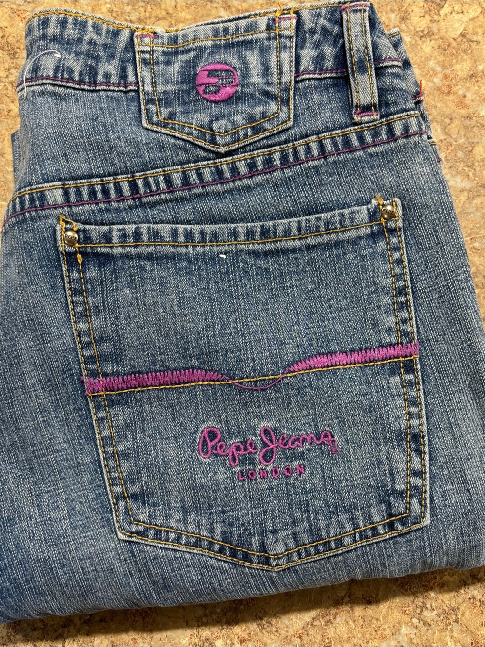Pepe Jeans Blue Denim Jeans with Pink Embroidery